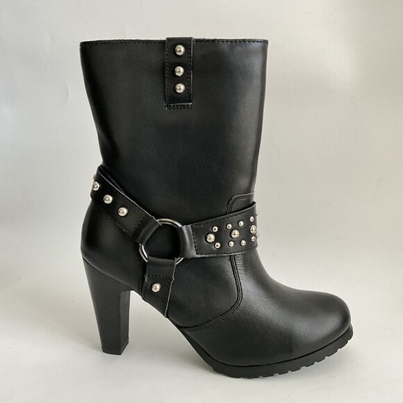 Ride Tecs Biker Studded Heeled Boots with Harness Black 9 - Picture 2 of 13
